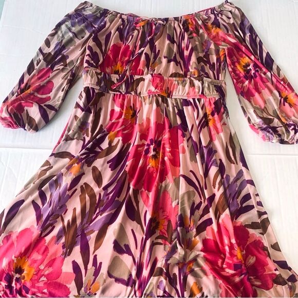 Floral Print Off the Shoulder MIDI Dress Sz L High waist Babydoll Style Coquette - Picture 2 of 12